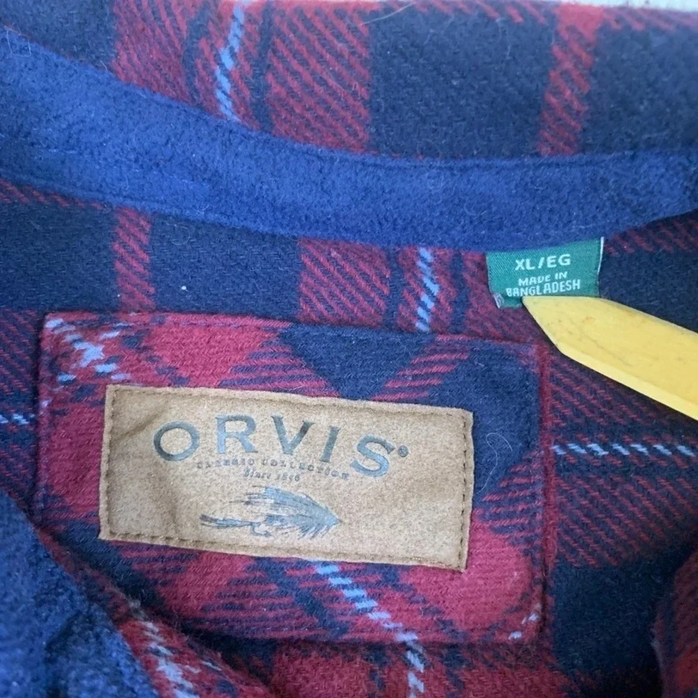 Orvis Mens XL Red Navy Blue Plaid‎ Flannel Lined Shirt Jacket Hand Pockets 2951